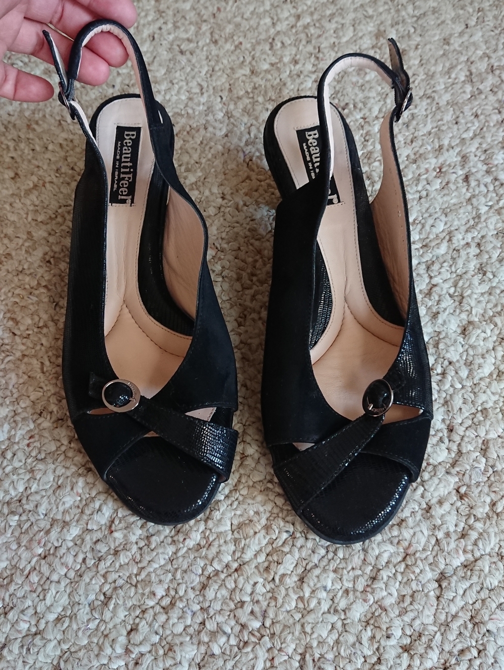 BeautiFeel Black leather Slingback Peep Toe sandals Heels size 9
